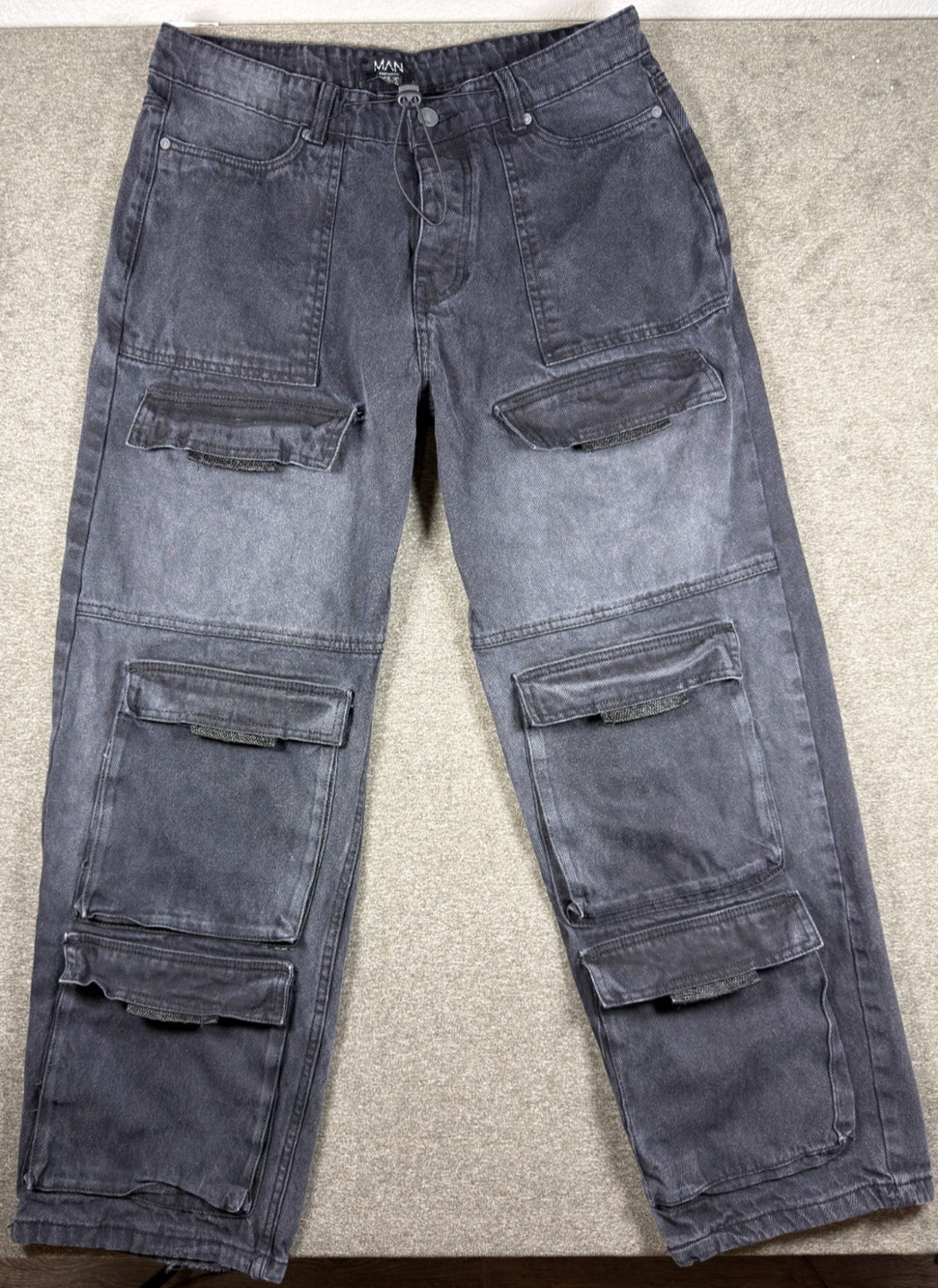 BoohooMAN Cargo Jeans Mens 34R Washed Black Multi-Pocket Baggy Y2K Streetwear